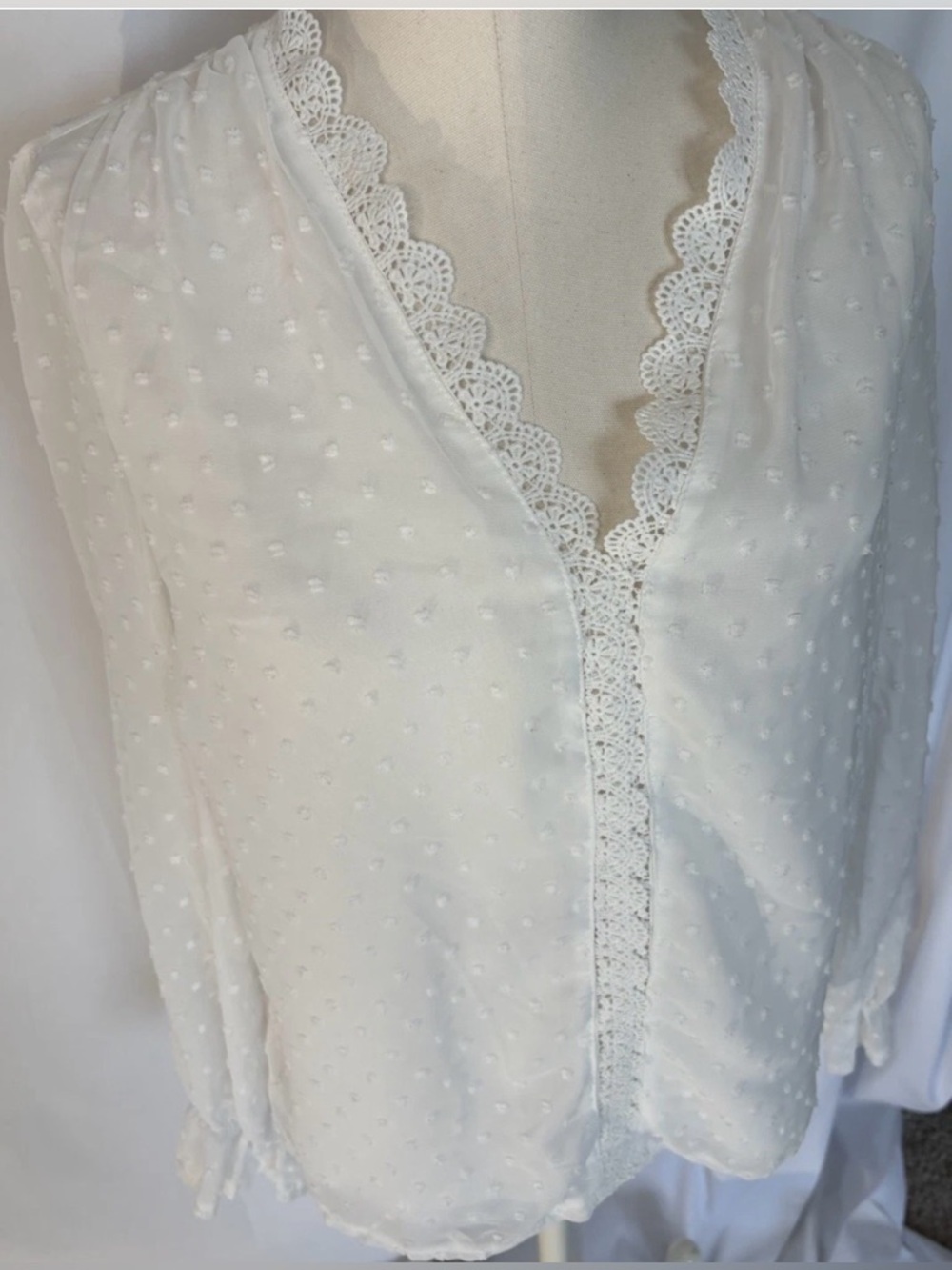 Long Sleeve Women's Sheer Top White Swiss Dot Sweetheart Neckline  Medium